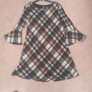 Jessica Howard tan plaid Bell Sleeve Dress Sz Large